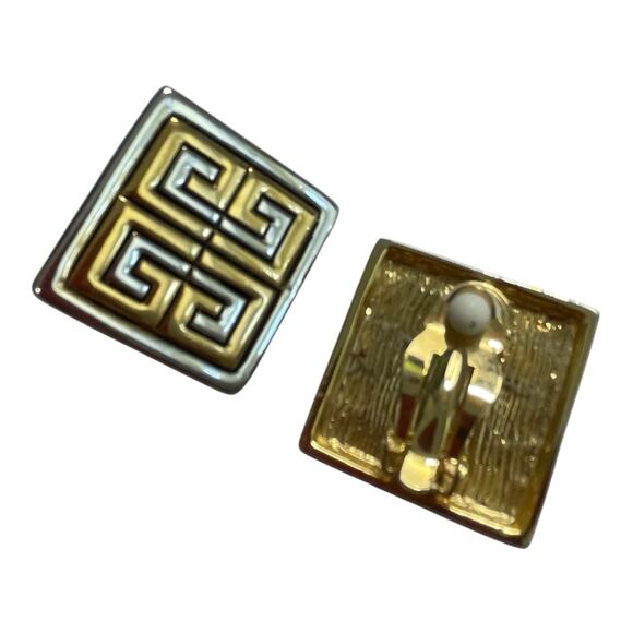 Vintage Givenchy 4G Logo Gold Tone Clip On Earrings 1980s Oversized Statement